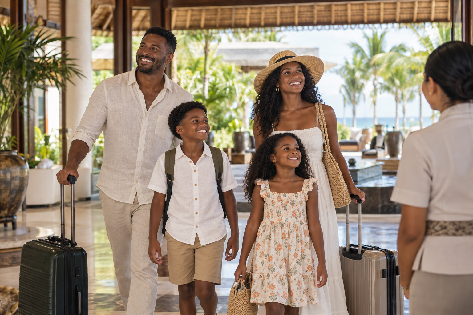 An African American family with two children arriving at a tropical resort